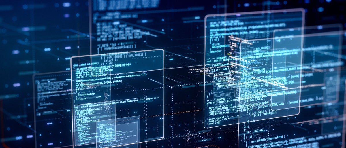 abstract network with random programming code, web and software development concept, futuristic technology, digital connectivity, cyber space (3d render)
